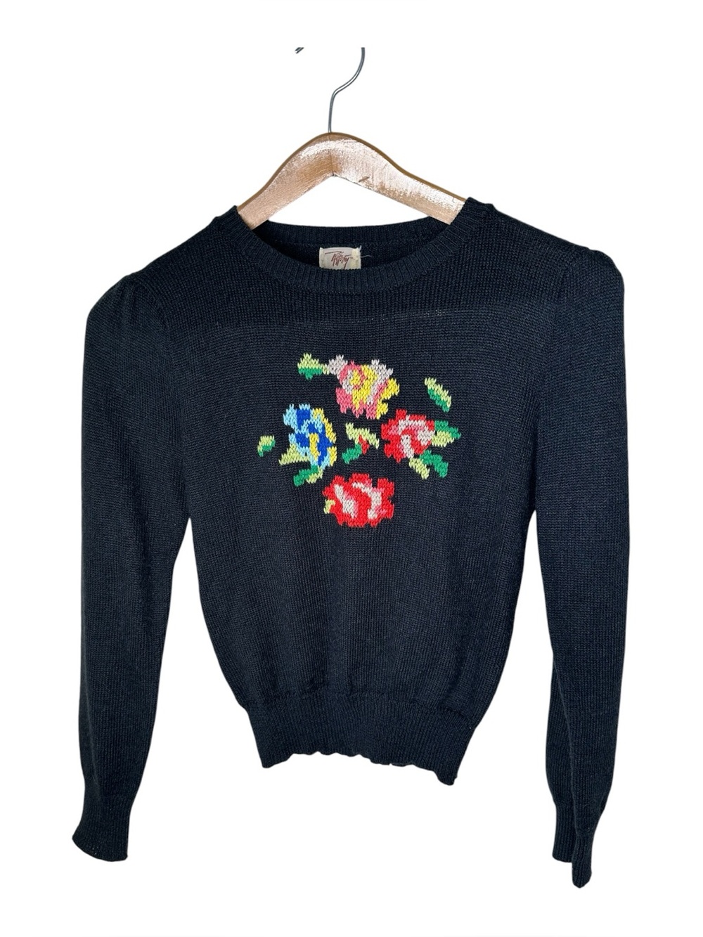 Vintage 80s Rafferty Floral Intarsia Knit Sweater Puff Shoulders Size XS Cottage